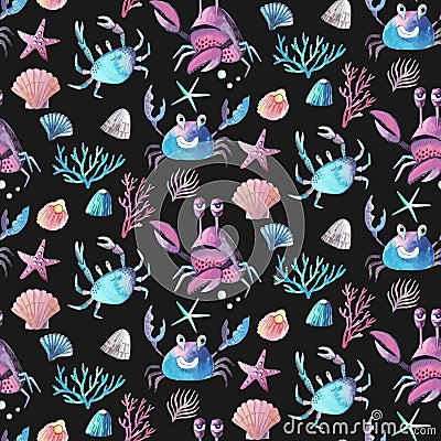 Watercolor children's seamless patterns with underwater creatures: crab, starfish, jellyfish, seaweed, corals, shells Stock Photo